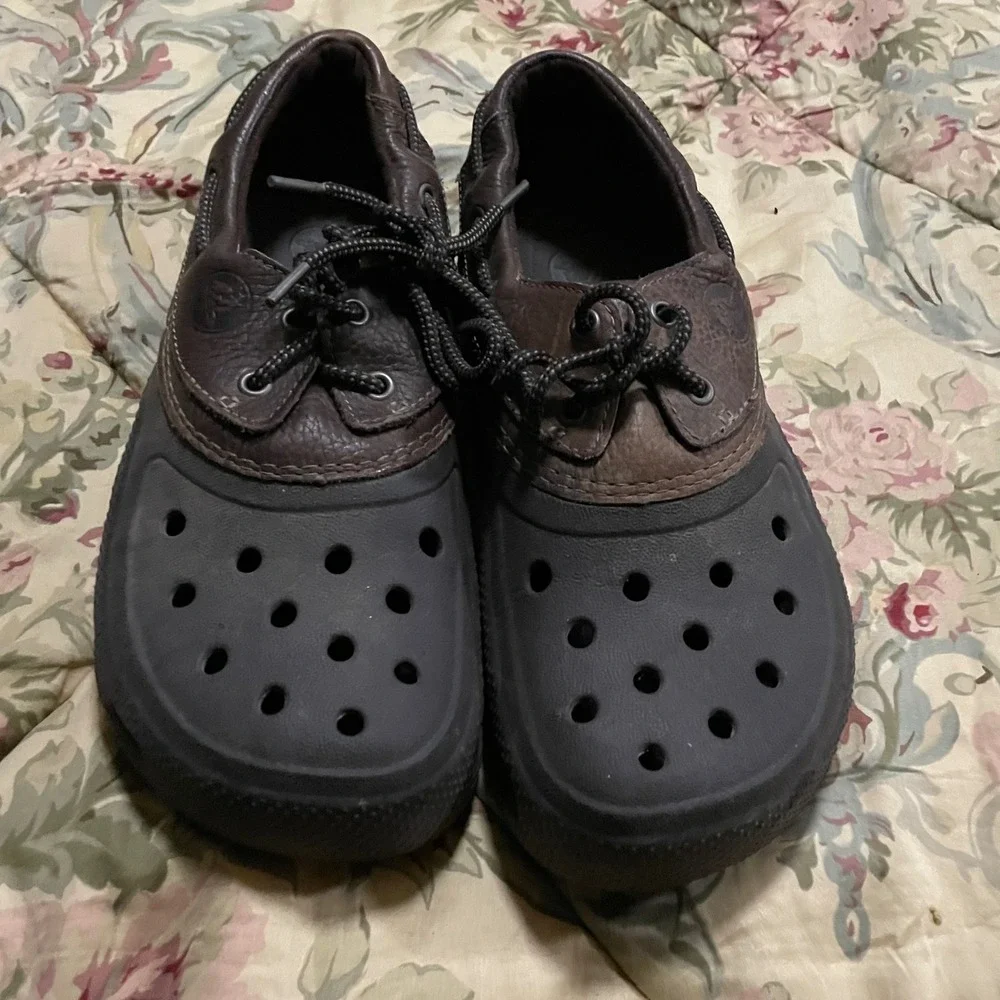 Crocs Mens Boat Shoe Clog Hybrid Dark Brown Leather Lace Up‎ Size 10